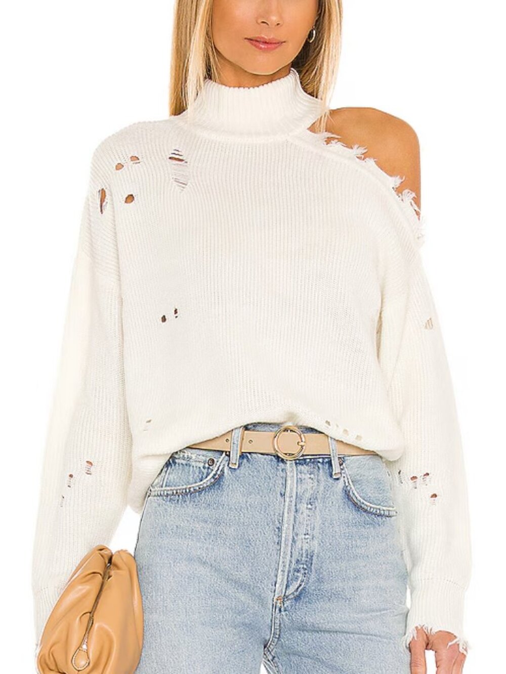 Lovers & Friends Arlington Distressed Cut-Out Shoulder Sweater Ivory Small